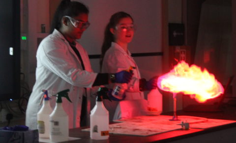 Two of our chemistry students are making fire - under controlled laboratory conditions. 